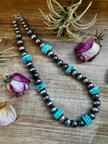 NFR Collection Necklace – 8mm & 14mm Sterling Silver Pearls with 20mm Turquoise Disc – Handmade by The Bijoux FAB – 23.5