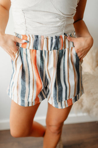 Estella Stripe Vintage Washed Elastic Frill Waist Casual Shorts