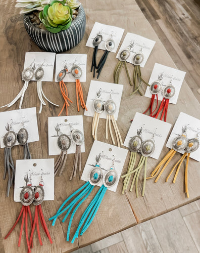 Round Concho Leather Tassel Earrings