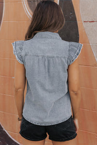 Bridget Frayed Ruffle Sleeve Denim Shirt