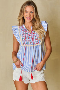 Ariya Stripe Geo Pattern Embroidered Tassel Flutter Blouse