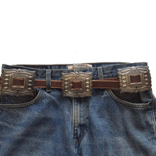 Western Silver Rectangular Concho Leather Belt - Brown or Black