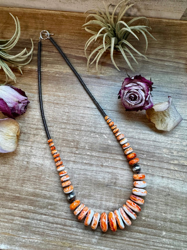 23 inch Graduated Orange Spiny Necklace with Sterling Silver Pearls