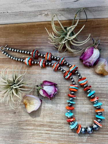 NFR Collection Necklace – Sterling Silver Pearls with Blue Turquoise & Spiny Oyster – Handmade by The Bijoux FAB – 29