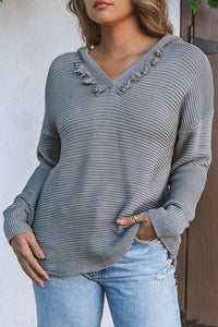 Collins V Neck Ribbed Drop Shoulder Hooded Sweater