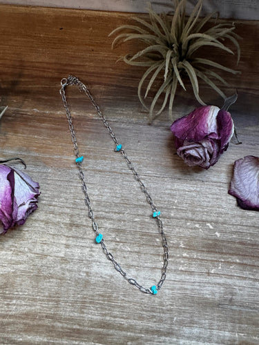Sleeping Beauty Turquoise Necklace – Silver-Plated Paperclip Chain – Handmade by The Bijoux FAB – 15