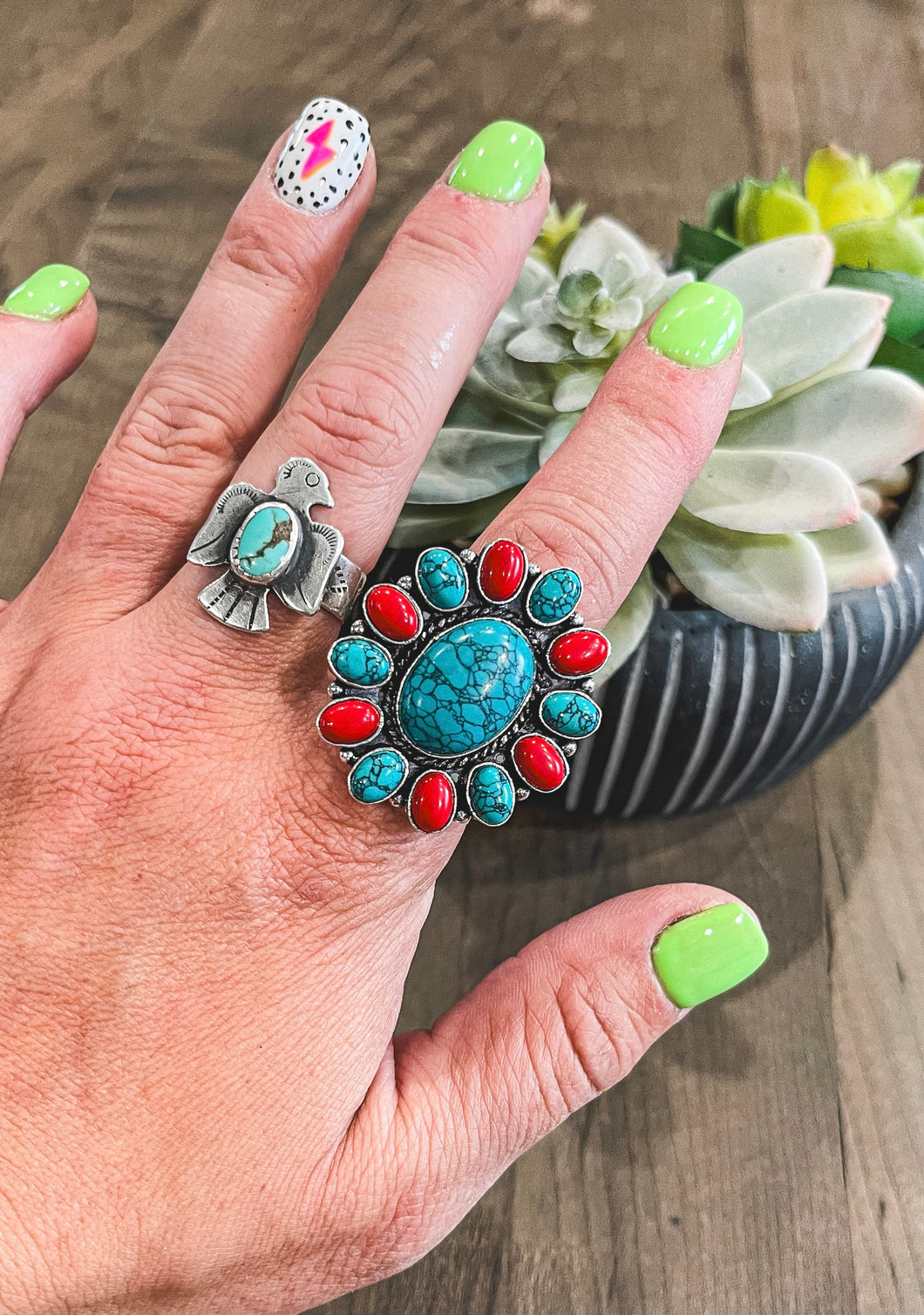Turquoise & Red Coral Ring {Size 7.25 & 10}