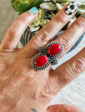 Double Red Coral Sterling Ring {9.5}