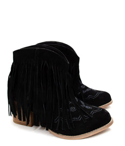 Amos Fringe Ankle Bootie in Black Suede