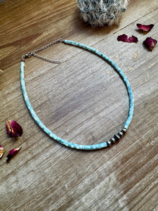 Blue shell heishi choker with Sterling Silver Pearls