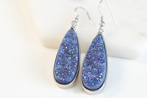 Druzy Collection - Silver Denim Quartz Drop Earrings