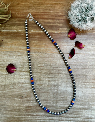 18 inch 6 mm Sterling Silver Pearls necklace lapis and spiny