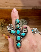 Blue Turquoise Cactus Ring with flower - Adjustable - Brass silver