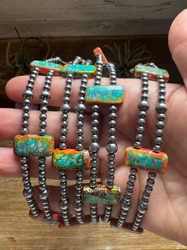 Orange/Turquoise Double Strand Necklace – 13” Beaded – Sterling Silver Pearls & Rectangle Variscite