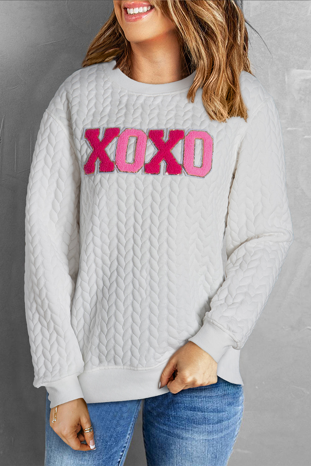 Logan XOXO Glitter Chenille Cable Knit Pullover Sweatshirt