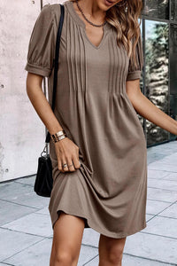 Kaitlyn Notched Neck Pleated Puff Sleeve Shift T-shirt Dress