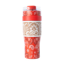 Myra Bandana Tooled Western Tumbler in Red Stainless Steel with Handtooled Leather and Handle for Use