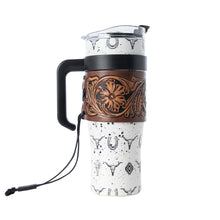 Myra Westmark Tooled Western Tumbler in White Stainless Steel with Leather Wrap and Handle for Use