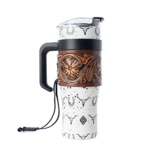 Myra Westmark Tooled Western Tumbler in White Stainless Steel with Leather Wrap and Handle for Use