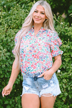 Azaria Floral Print Button Split Neck Puff Sleeve Blouse