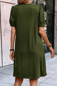 Kaitlyn Notched Neck Pleated Puff Sleeve Shift T-shirt Dress