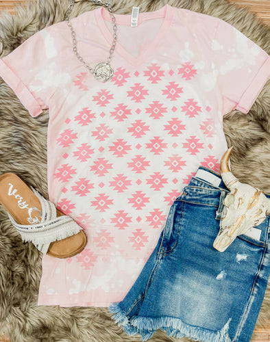 Pink Aztec Bleached V-Neck Tee