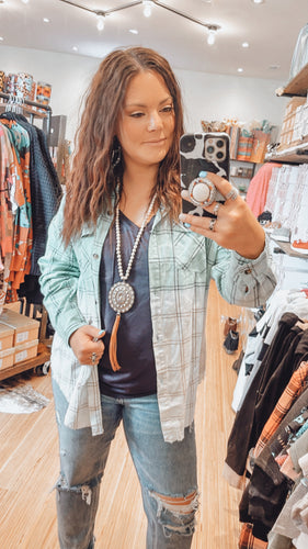 Mint To Be Distressed Plaid Button Up