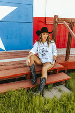 Saddle Oiled Raw Hem V-Neck Graphic