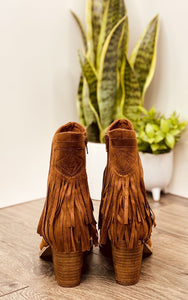 Sandra Fringe Booties in Tan