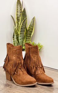 Sandra Fringe Booties in Tan