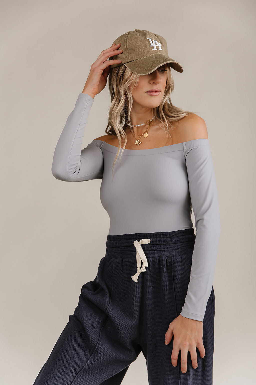 Bodysuit - Long Sleeve Off The Shoulder - Light Grey