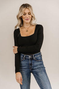 Bodysuit - Long Sleeve Square Neck - Black