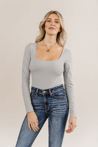 Bodysuit - Long Sleeve Square Neck - Light Grey