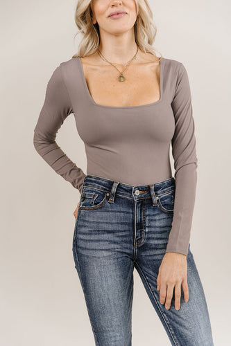 Bodysuit - Long Sleeve Square Neck - Charcoal