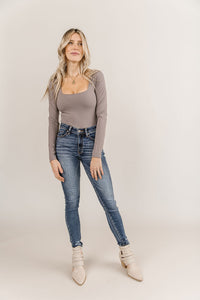 Bodysuit - Long Sleeve Square Neck - Charcoal