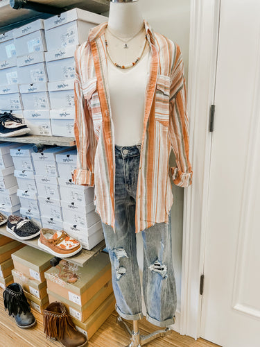 Coral Stripes Button Up Top