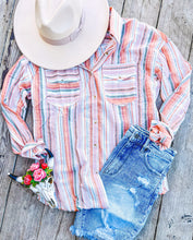 Coral Stripes Button Up Top