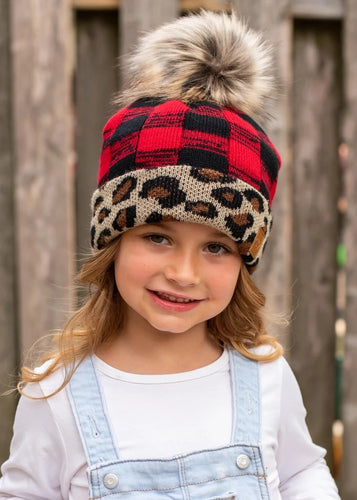 Kids Plaid & Leopard Pom Beanie