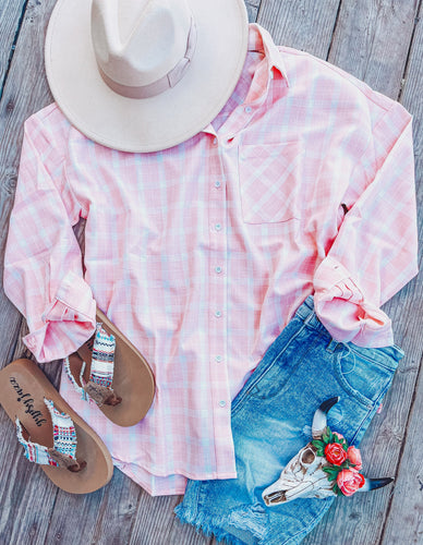 Pink Plaid Button Up Top