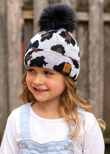 Kids White Leopard Pom Beanie