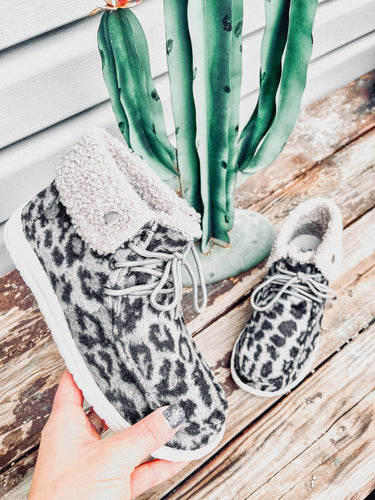 The Odion Button Shearling Sneaker {Gray Cheetah}